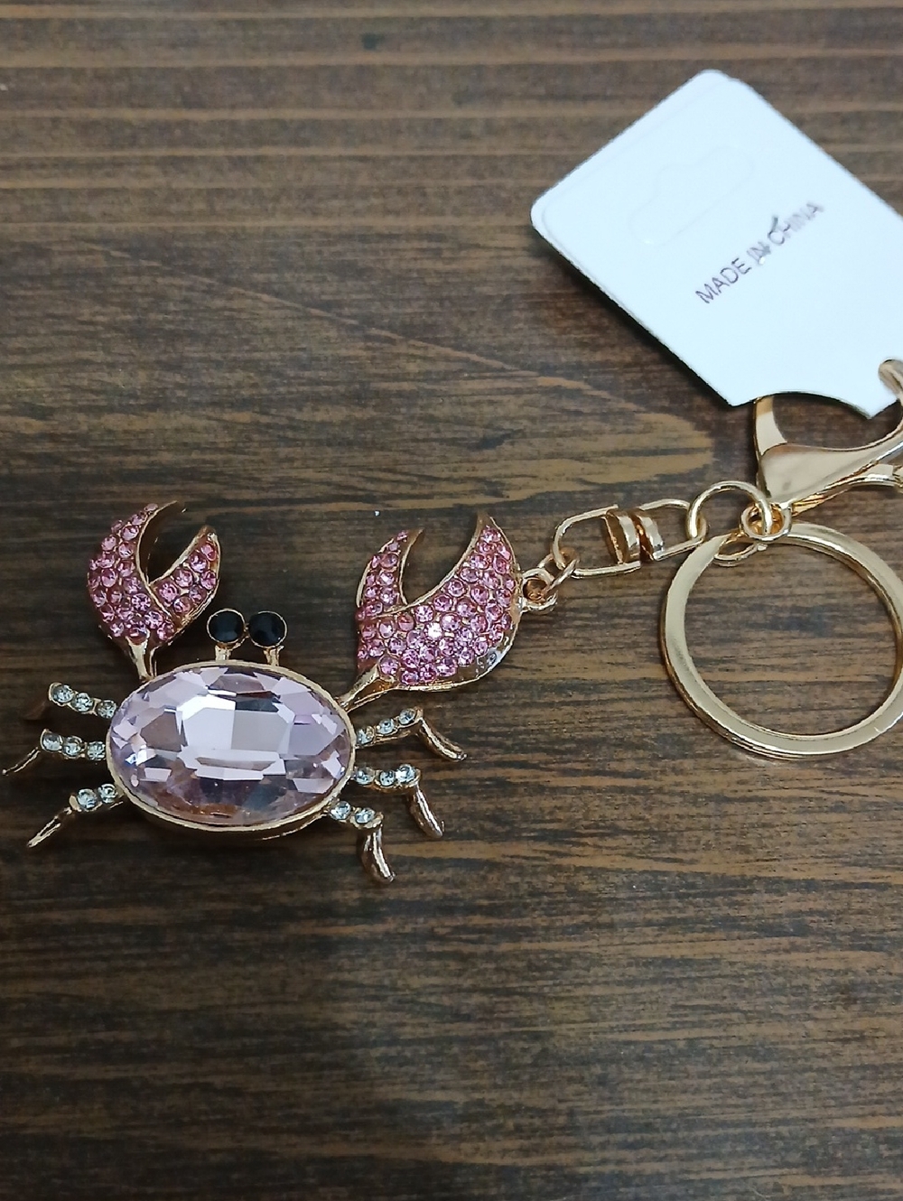 Pink Crystal Crab Keychain - Gold Hardware